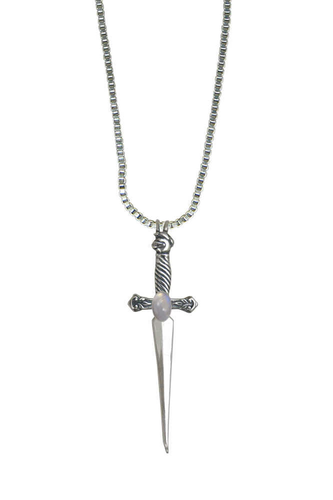 Sterling Silver Detailed Knight's Sword Pendant With Rainbow Moonstone